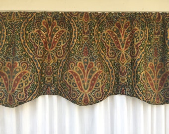 Scalloped window valance, shaped window valance, green, blue, black, brick red, teal blue, tan, Burgandy/maroon valance