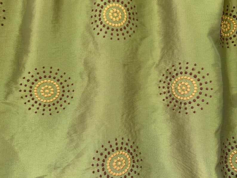 green and brown and yellow embroidered circles Olive green window valance