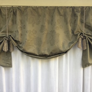 Sage green window valance, olive green  valance, floral design with tassels to tie up