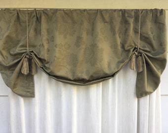 Sage green window valance, olive green  valance, floral design with tassels to tie up
