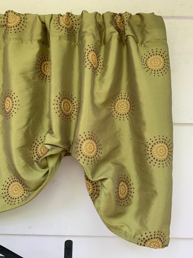 green and brown and yellow embroidered circles Olive green window valance
