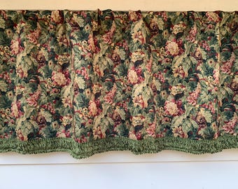 Floral Valance with Chenille Trim, Green and Maroon Floral, Tropical Window valance