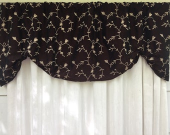 Chocolate brown and tan embroidered window valance with leafs and flowers,