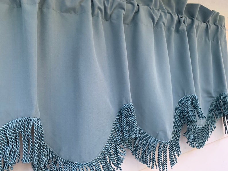 Teal Blue Green Valance With Tassle Trim Scalloped on Bottom Etsy