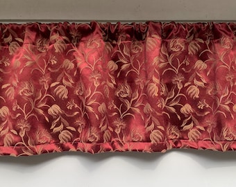 Burgandy Window valance, maroon/wine background with tan leaves and flowers. swag valance , formal window valance