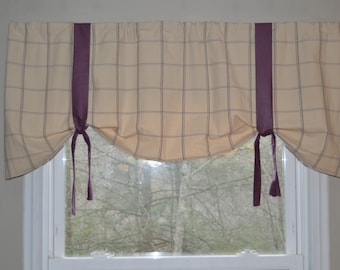Window Valance, Purple and Tan Valance, Check Valance, kitchen valance, nursery valance, purple valance, tan valance, tie up valance