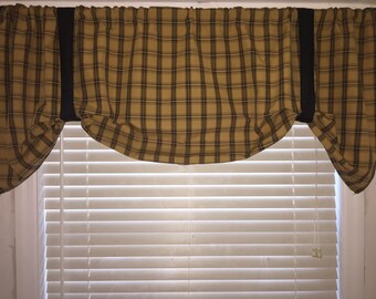 Window Valance, tie up valance, tanish yellowish black valance, check window valance