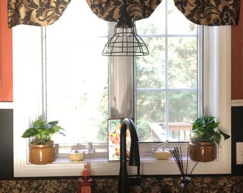 Window valance, black and gold window valance, floral valance