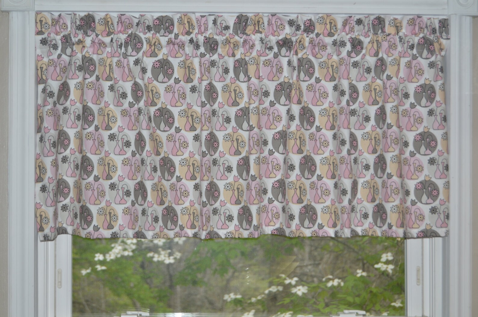 Window Valance, Gray and Pink Valance, Flower Vase Valance, Girls