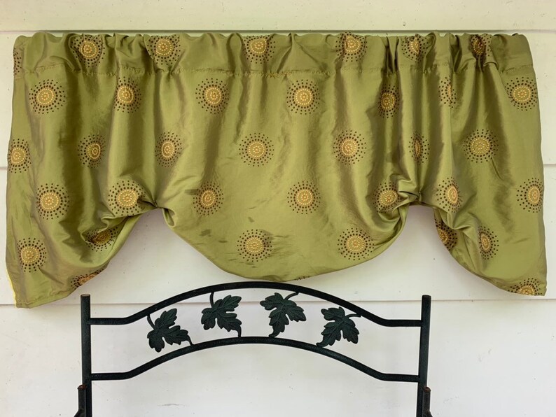 green and brown and yellow embroidered circles Olive green window valance