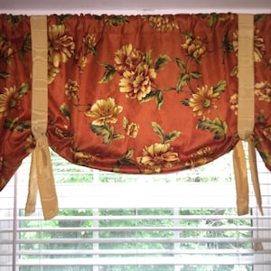 Window Valance, Tie Up Valance, orange, yellow, green floral window valance,