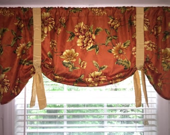 Window Valance, Tie Up Valance, orange, yellow, green floral window valance,