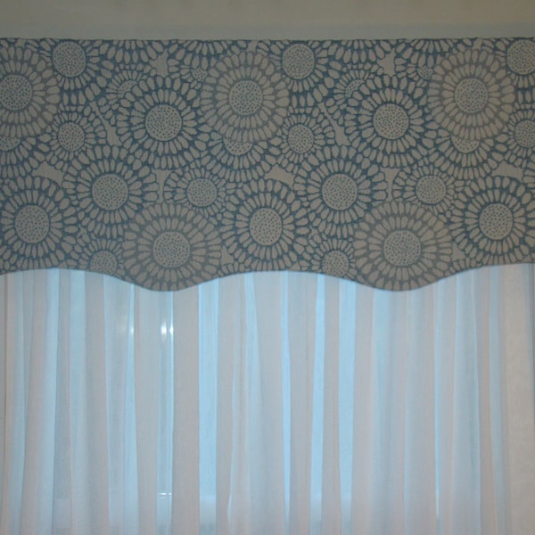 Window Valance, Shabby Chic, Scalloped Valance, Blue and Light Gray or Green and Cream Tapestery, Geometric Design, Modern Chic
