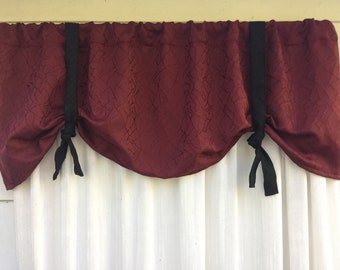 Burgandy Maroon and Black window valance, swag valance, tie up valance, gray and black window valance