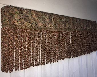Boho window valance. Paisley window valance with fringe, retro valance