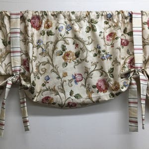 Window treatment, window valance, tie up valance, floral window valance, blue, green, pink, tan, valance