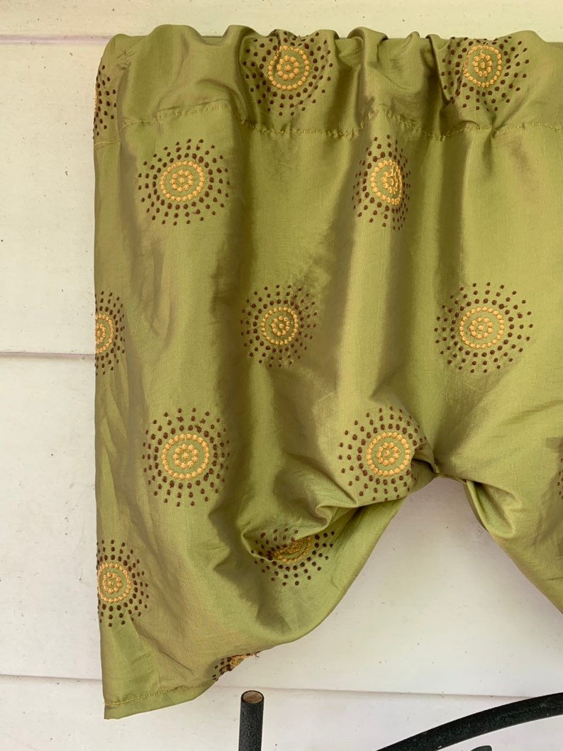 green and brown and yellow embroidered circles Olive green window valance