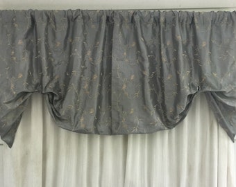 Gray window valance, gray with embroidard tan flowers,