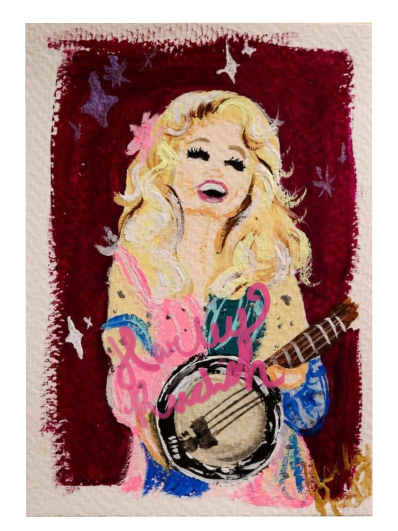 May include: A painting of a woman with blonde hair and a pink flower in her hair, singing and playing a banjo. The background is a dark red with white stars.