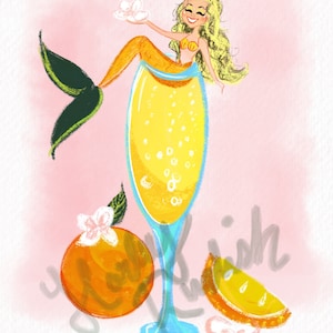 Mimosa Mermaid print, downloadable digital illustration