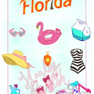 Vintage Florida doll digital print, downloadable illustration, y2k summer art, 90s nostalgia art, summer print, palm beach art