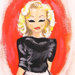May include: A painting of a woman with blonde hair wearing a black dress. The background is a red circle.