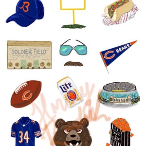 May include: A collection of Chicago Bears themed illustrations, including a football helmet, a jersey, a stadium, a hot dog, a beer can, a pennant, a hat, sunglasses, a moustache, and a popcorn box. The text "Soldier Field" and "Lite" are visible in the image.