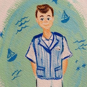 May include: A hand-painted illustration of a person wearing a blue and white striped uniform with a name tag that says "Walt". The background is a light blue and green watercolor wash with white stars and blue waves.