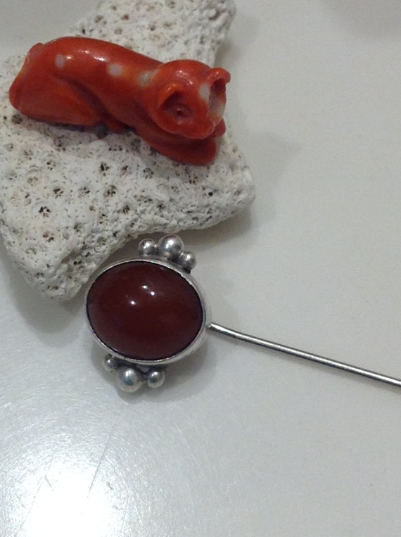 Sterling Silver and Coral Cabochon Stickpin Brooch