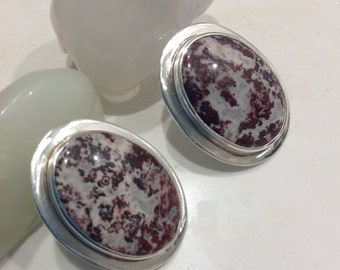 Sale Amy Khan Russell Signed Earrings  - Vintage Sterling and Stone Jasper Fossil Earrings - Gift for Her - AKR Jewelry -