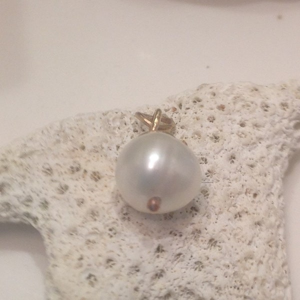 Large Pearl Charm - White Pearl and 14K Gold Charm Pendant - Large Freshwater Potato Pearl and Solid Gold Charm