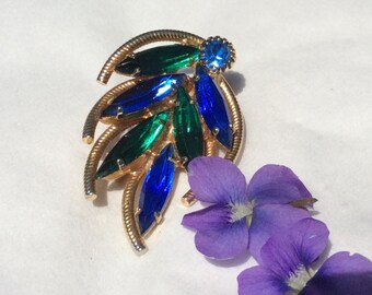 Vintage Brooch Shimmering Blue Green and Gold Costume Jewelry Brooch
