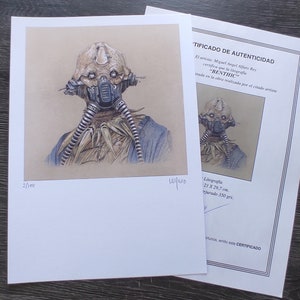 May include: A black and white lithograph print of a futuristic character wearing a gas mask and a tattered cloak. The print is numbered 2/100 and 10410. The text "BENTHIC" is visible on the certificate of authenticity.