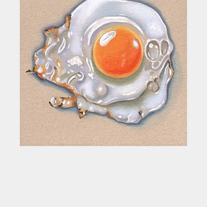 May include: A close-up of a fried egg with a bright orange yolk and a white, slightly crispy edge. The egg is painted on a brown background.