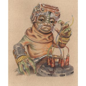 May include: Illustration of an alien-like creature wearing a helmet and working on a device with wires. The creature has green hands and is holding wires of various colours. The device has red and brown components.