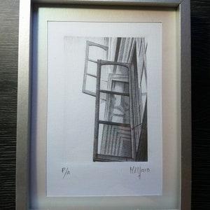 Etching &quot;WINDOWS&quot; 13x18 cm. Framed. Artist: Miguel Ángel Alfaro Rey