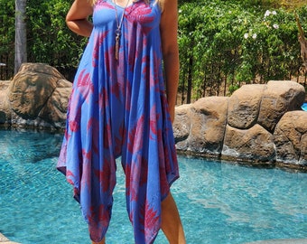 Ikat Maya Antonia Yellow-Purple Wide-Leg Harem Plus SizeMaternity Pockets Vacation Loose RomperJumpsuit Adjustable Tie-on Straps