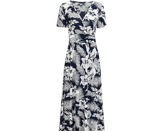 Maya Antonia Floral-Blue-White Bohemian Faux-Wrap Maxi Dress, Short Sleeves, Pockets, Plus Size