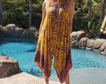 Ikat Maya Antonia Yellow-Purple Wide-Leg Harem Plus SizeMaternity Pockets Vacation Loose RomperJumpsuit Adjustable Tie-on Straps