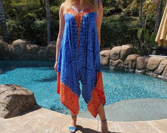 Ikat Maya Antonia Yellow-Purple Wide-Leg Harem Plus SizeMaternity Pockets Vacation Loose RomperJumpsuit Adjustable Tie-on Straps
