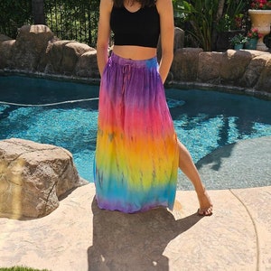 Maya Antonia Hand Tie-Dye-Pastel-Rainbow Pockets-Elastic Waist-Slit/Cotton Maxi Skirt,Boho-Bohemian/Gypsy/Hippy/Tribal-Festival/Resort