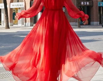 Women Formal Red Chiffon Dress / Swing 
