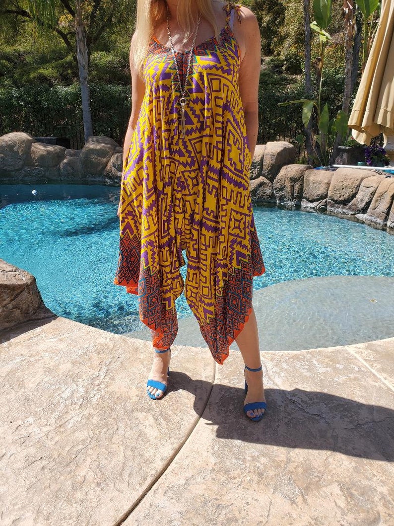 Ikat Maya Antonia Yellow-Purple Wide-Leg Harem Plus SizeMaternity Pockets Vacation Loose RomperJumpsuit Adjustable Tie-on Straps