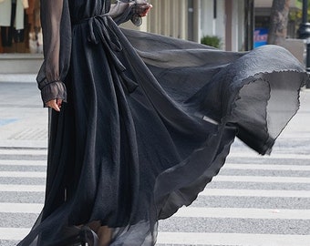 Long sleeve clearance black chiffon dress