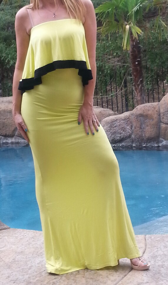Maya Antonia-PLUS SIZE-Sexy Strapless Ruffle Maxi Dress Yellow w//Black trim