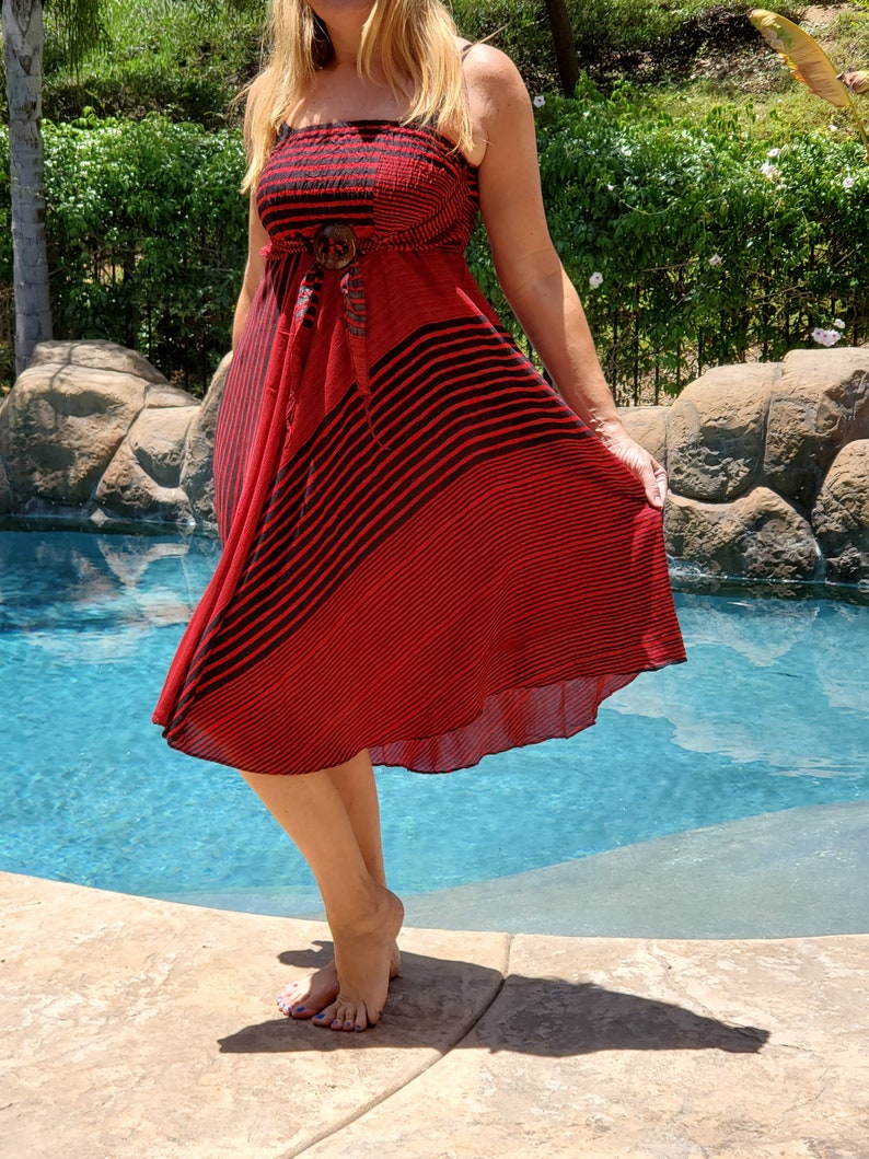 Maya Antonia Beach-Bohemian Women Maxi Skirt,Red Stripes Smocked Waist,Boho Gypsy Hippie Style Clothing Convertible SkirtStrapless Dress