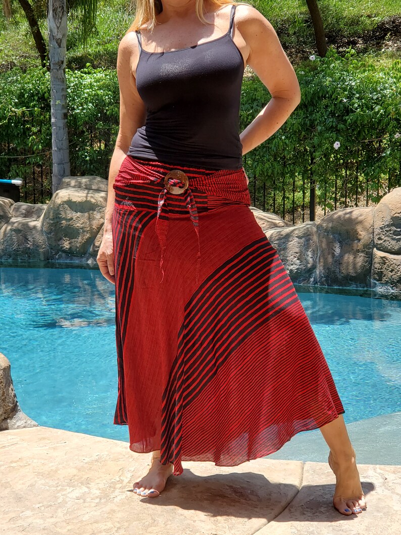 Maya Antonia Beach-Bohemian Women Maxi Skirt,Red Stripes Smocked Waist,Boho Gypsy Hippie Style Clothing Convertible SkirtStrapless Dress