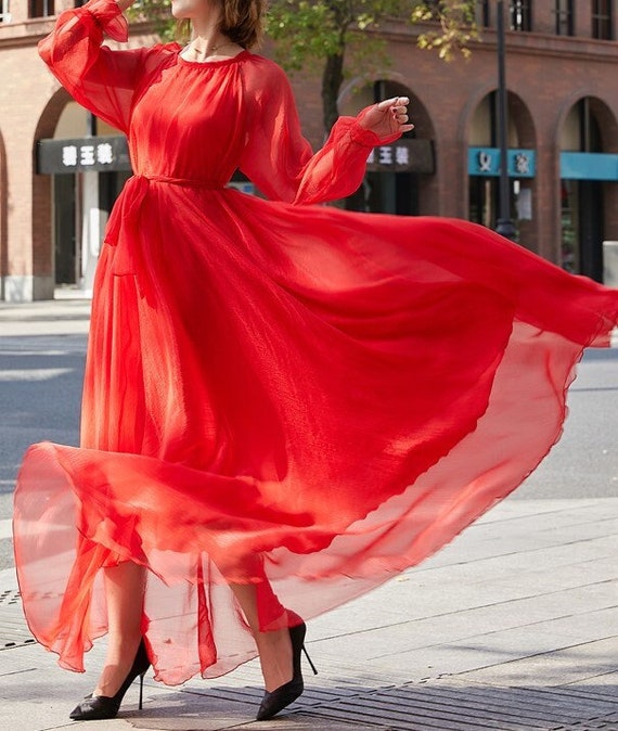 Maya Antonia Custom Red Tie-on Waist Chiffon Maxi/long Dress, Long Sleeves/ loose,wedding Guest/bridesmaids/maternity/photoshoot/plus/party -   Israel