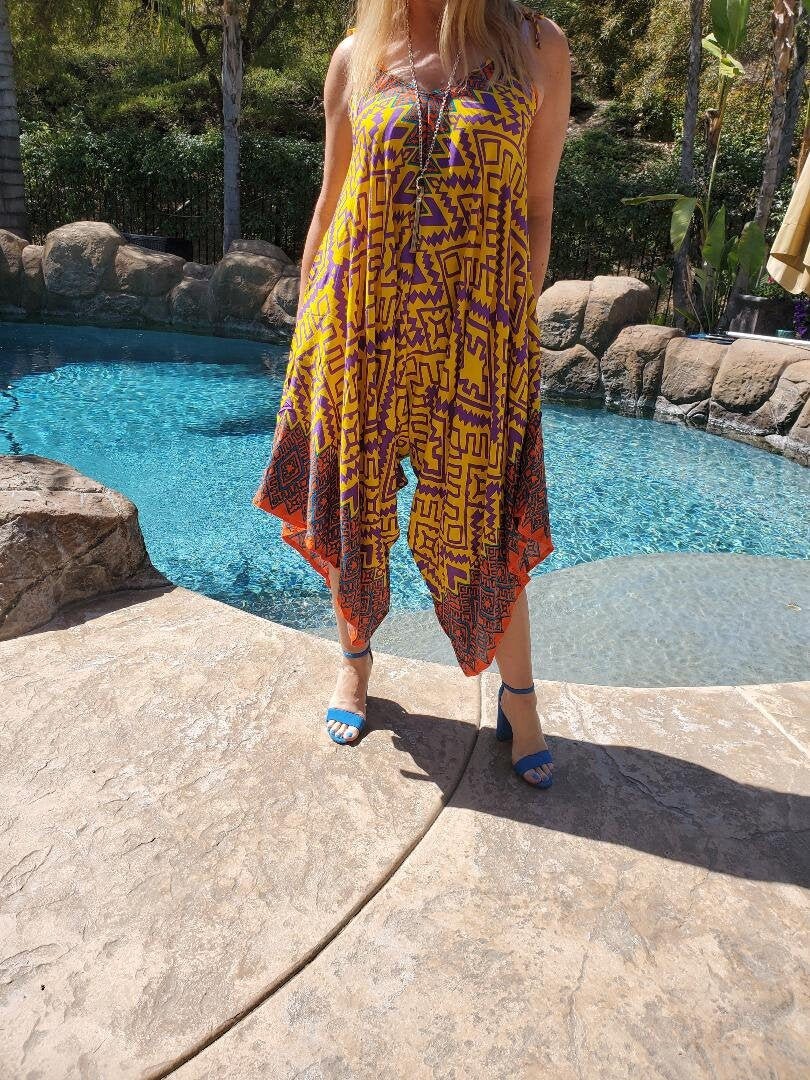 Ikat Maya Antonia Yellow-Purple Wide-Leg Harem Plus SizeMaternity Pockets Vacation Loose RomperJumpsuit Adjustable Tie-on Straps