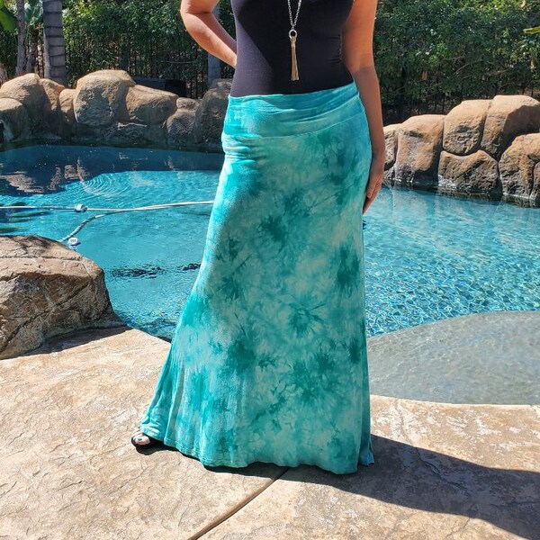 ATM Tie Dye Maxi Skirt – Bohemian Elastic Waist, Handmade Rayon, Plus Size Friendly, Approx. 38" Length - View #12